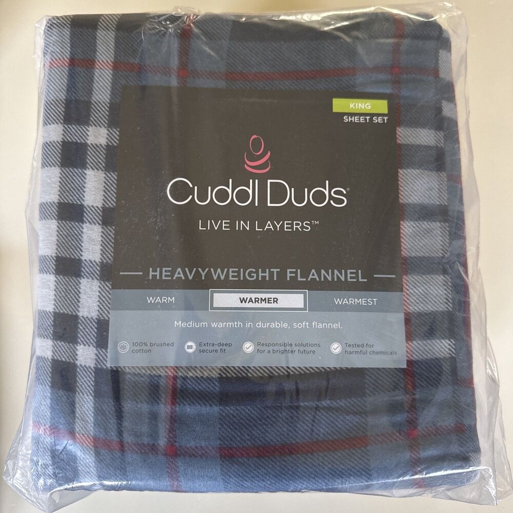 Cuddl Duds King Heavyweight Flannel Sheet Set Navy Red Plaid Brushed Cotton